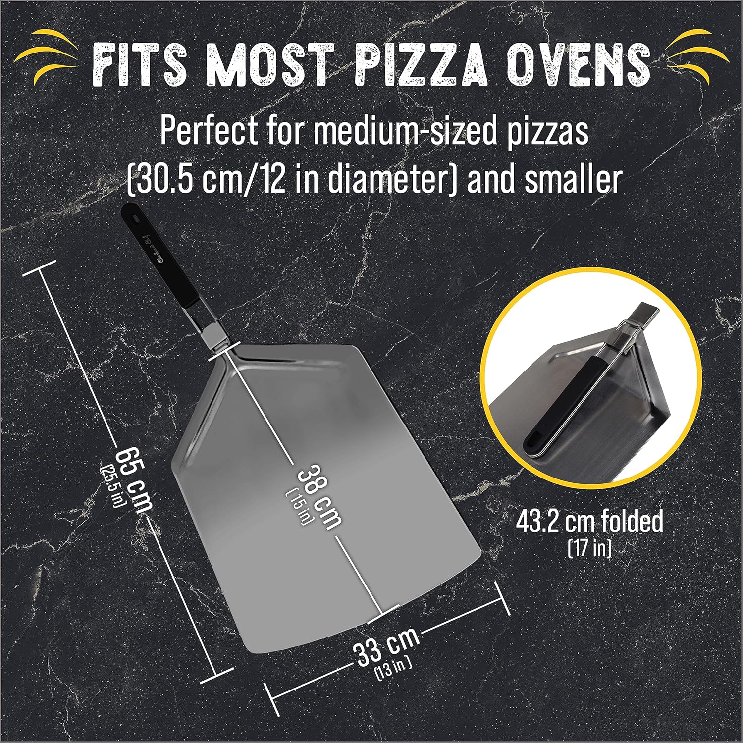 Pizza Peel - Extra Large, Stainless Steel Metal Pizza Paddle with Folding Handle