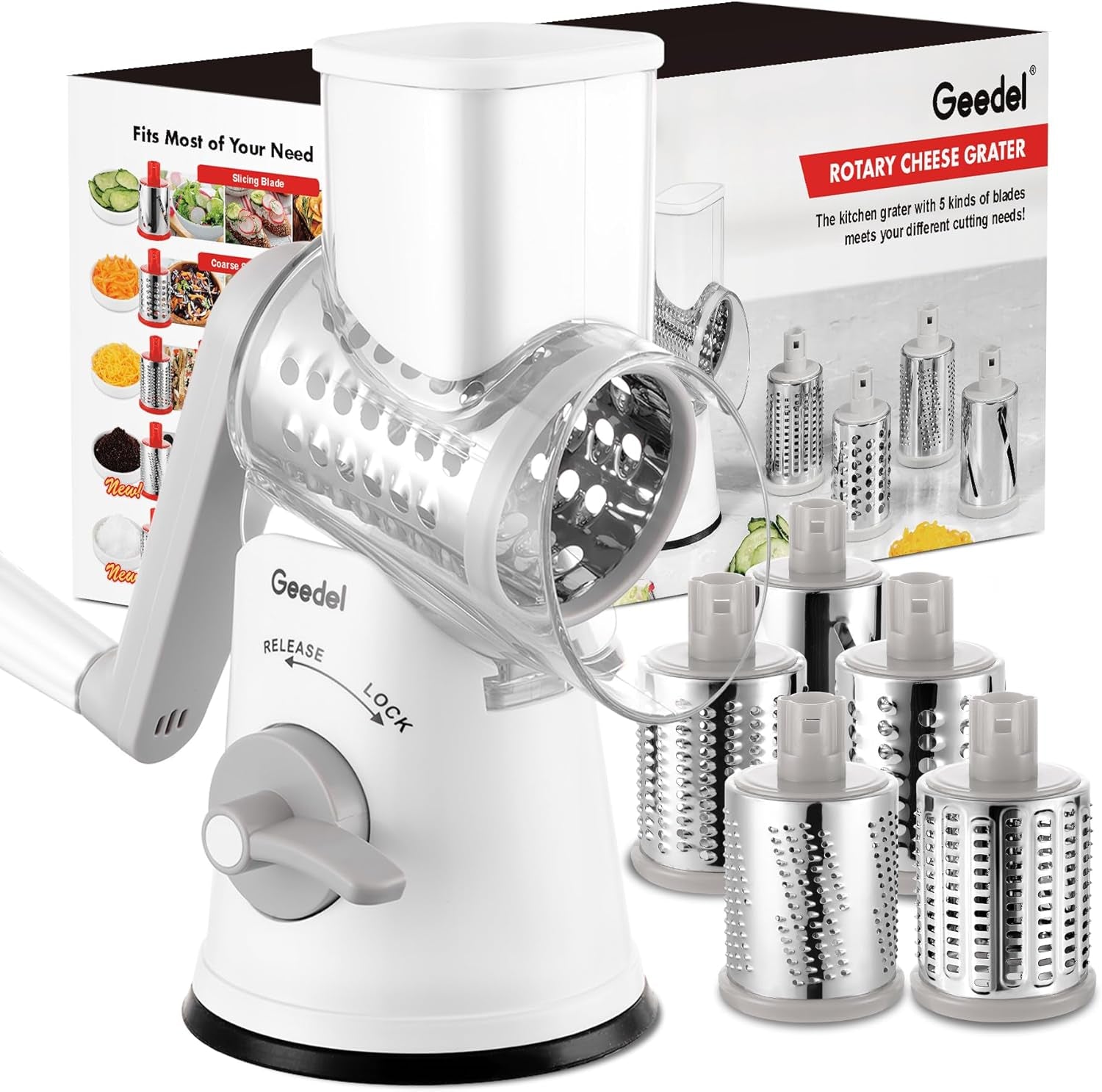 5-In-1 Cheese Grater , Multi-Purpose Vegetable Slicer, Ice Shaver, Nuts Grinder With Handle