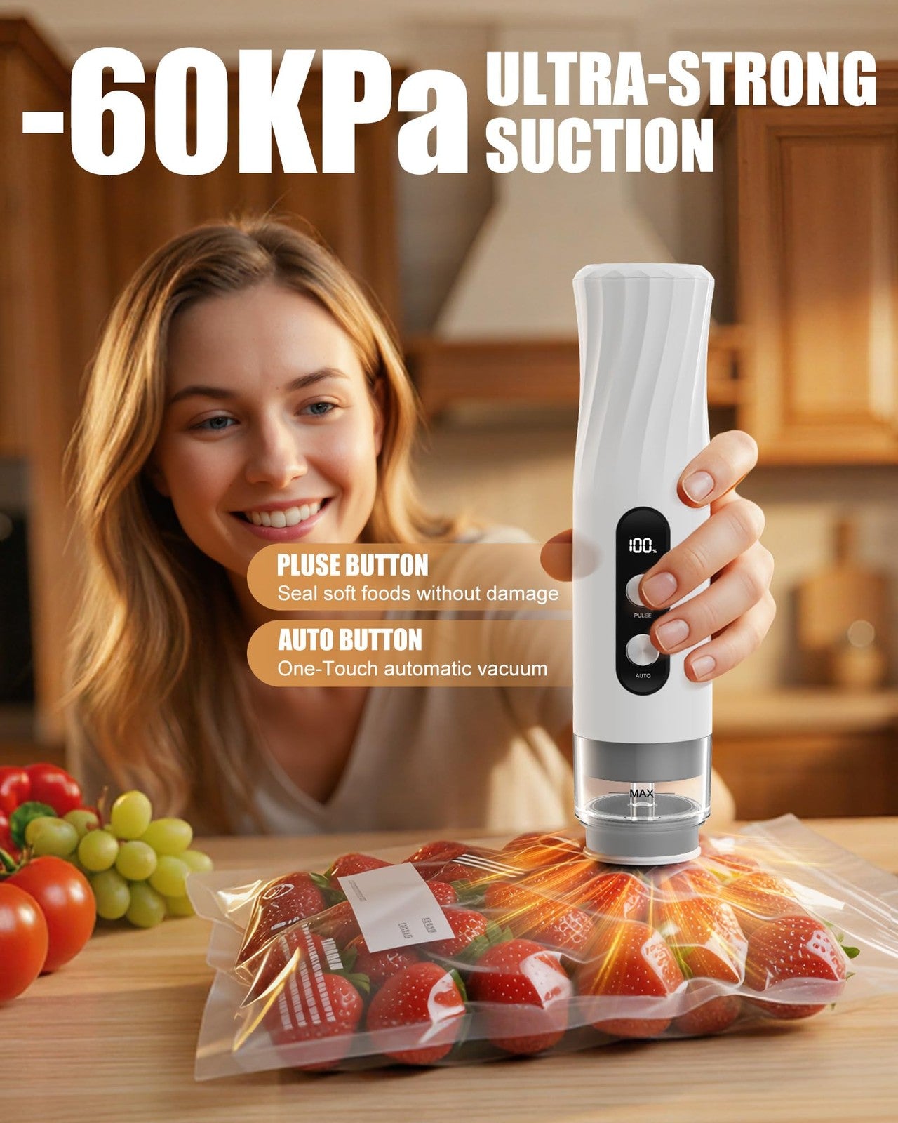 Handheld Vacuum Sealer with 20 Reusable Bags – 60kPa Food Storage Pump