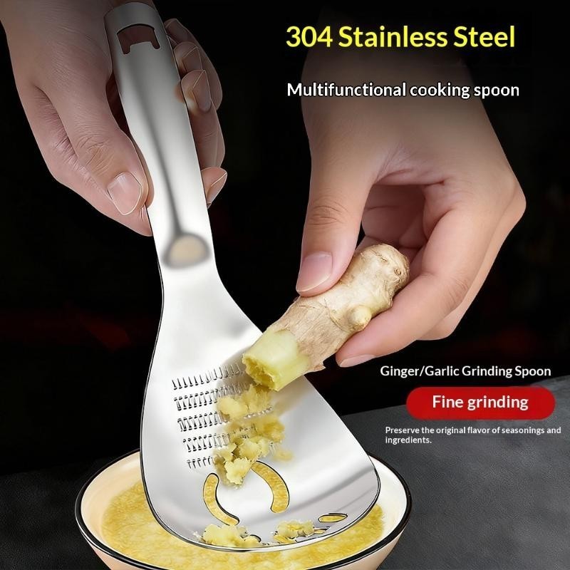 5-in-1 Stainless Steel Cooking Spoon – Garlic & Ginger Grater, Masher & Strainer