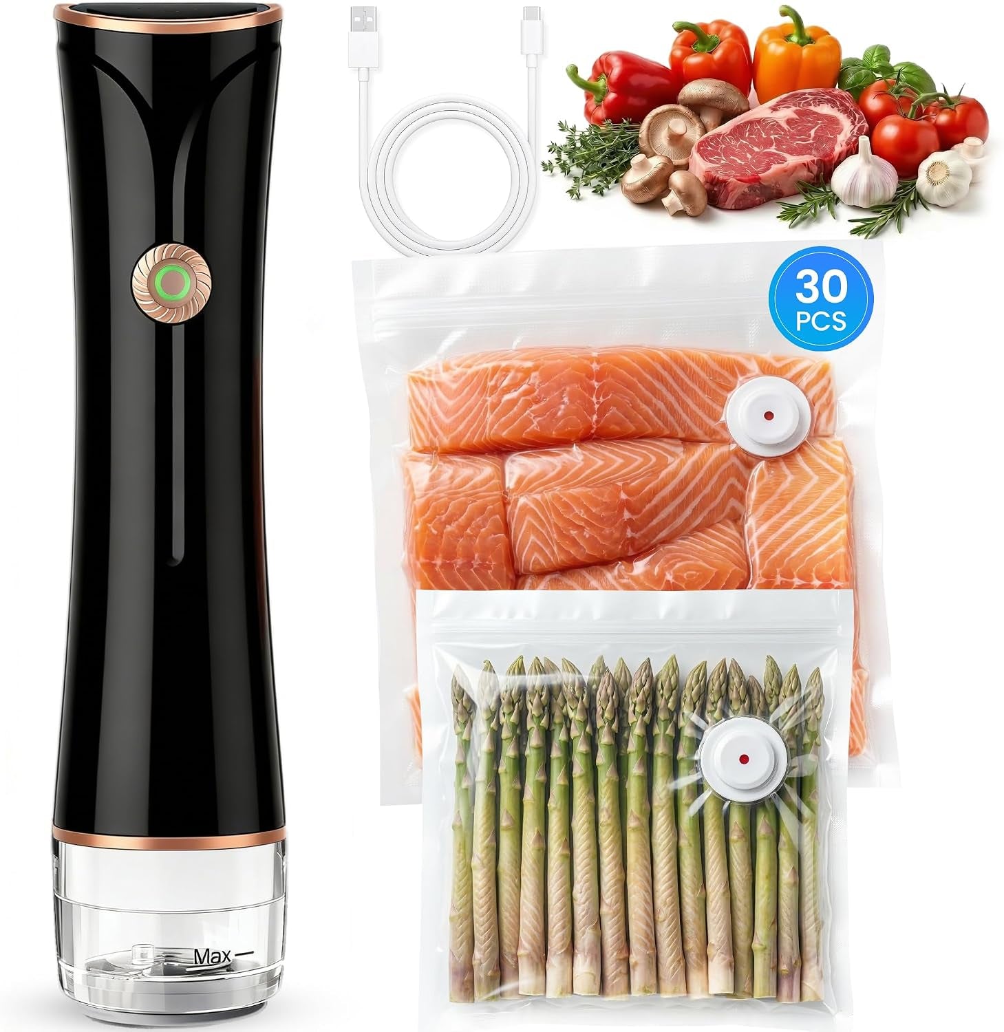 Cordless Handheld Vacuum Sealer – 60kPa Food Saver with Removable Water Tank & 30 Reusable Bags