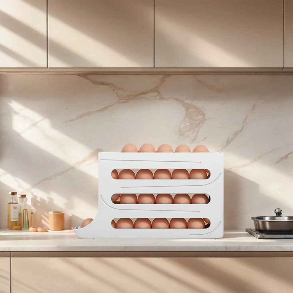 Automatic Rolling Egg Dispenser for Refrigerator – 4 Tier Space Saving Egg Holder Organizer