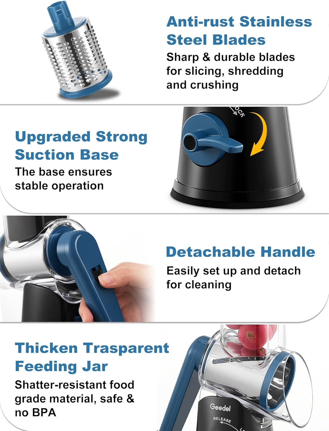 5-In-1 Cheese Grater , Multi-Purpose Vegetable Slicer, Ice Shaver, Nuts Grinder With Handle