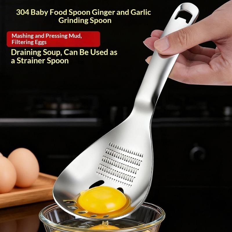 5-in-1 Stainless Steel Cooking Spoon – Garlic & Ginger Grater, Masher & Strainer