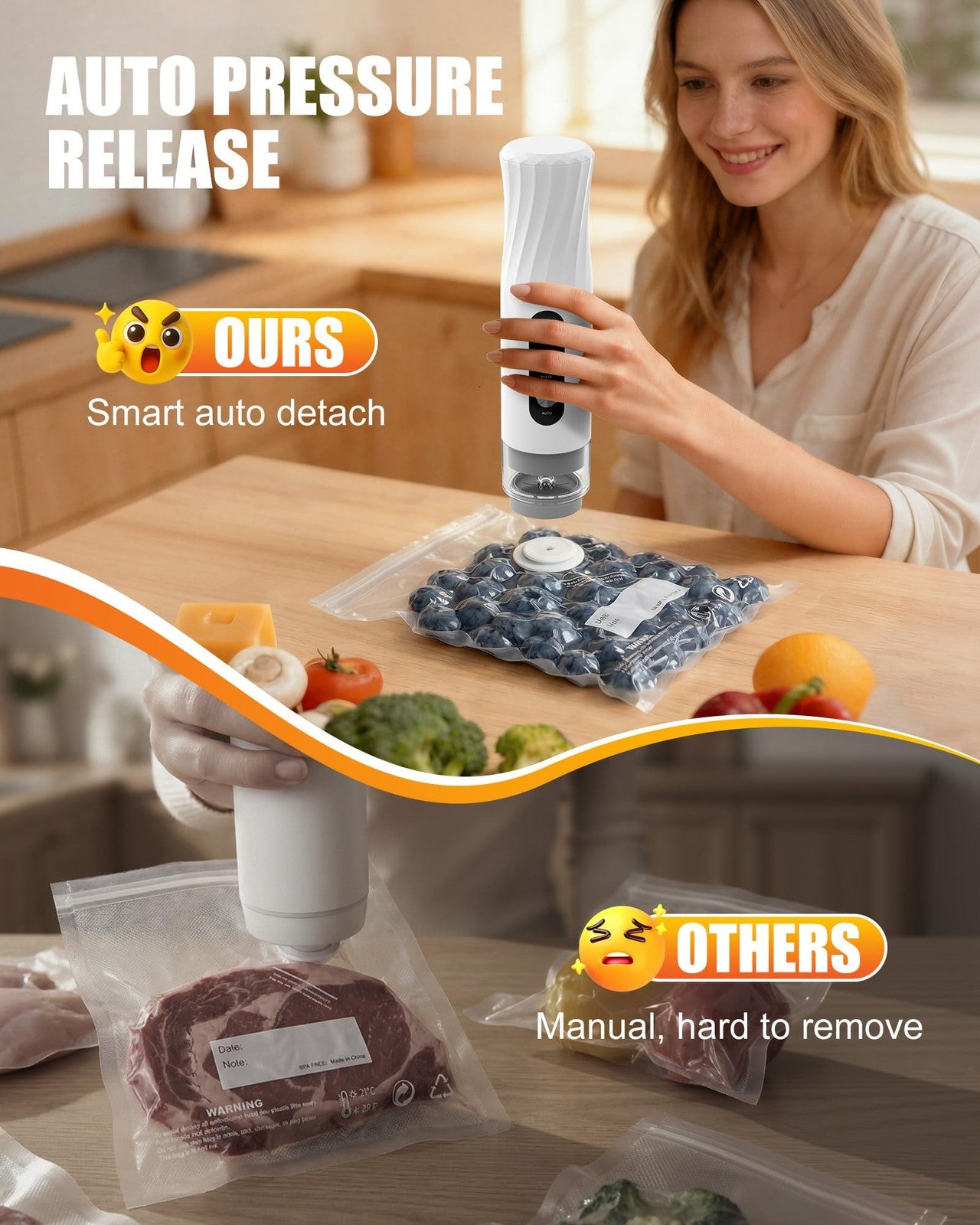 Handheld Vacuum Sealer with 20 Reusable Bags – 60kPa Food Storage Pump