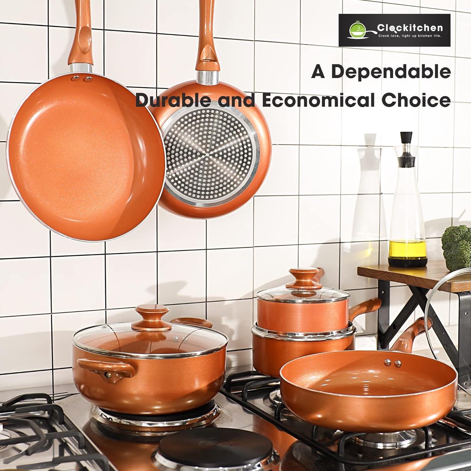 Pots and Pans Set, Cookware Set, Copper Pan Set, Nonstick Ceramic Coating, Saute Pan, Saucepan Stockpot with Lid, Fry Pan, Copper, 10Pcs