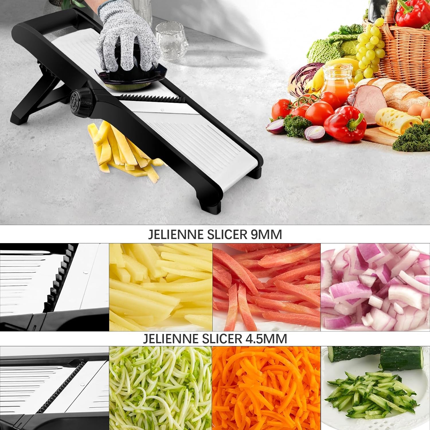 Adjustable Stainless teel Mandoline Slicer, Chopper  Julienne Cutter with Free Cut-Resistant Gloves 