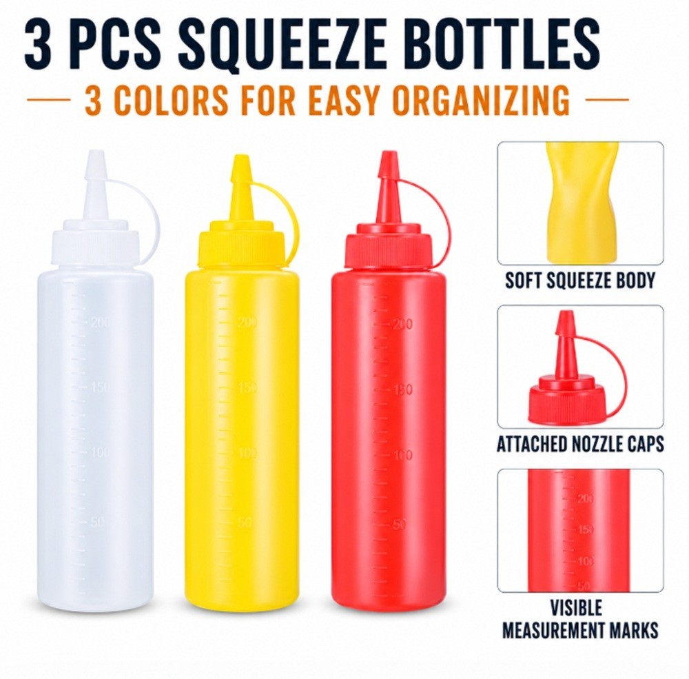 3-Pack 8 oz Condiment Squeeze Bottles with Measurement Lines