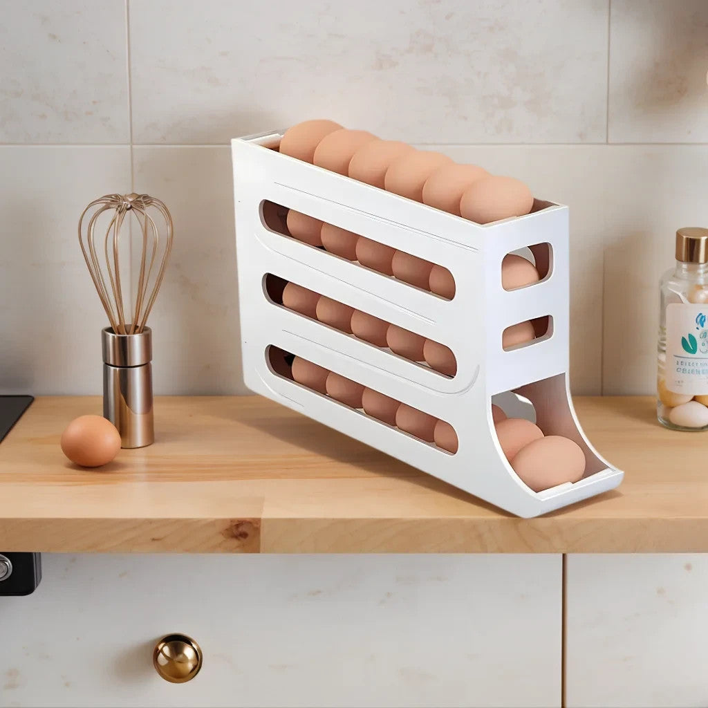Automatic Rolling Egg Dispenser for Refrigerator – 4 Tier Space Saving Egg Holder Organizer