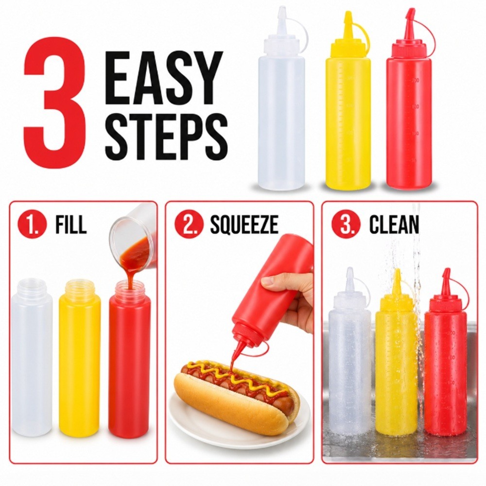 3-Pack 8 oz Condiment Squeeze Bottles with Measurement Lines