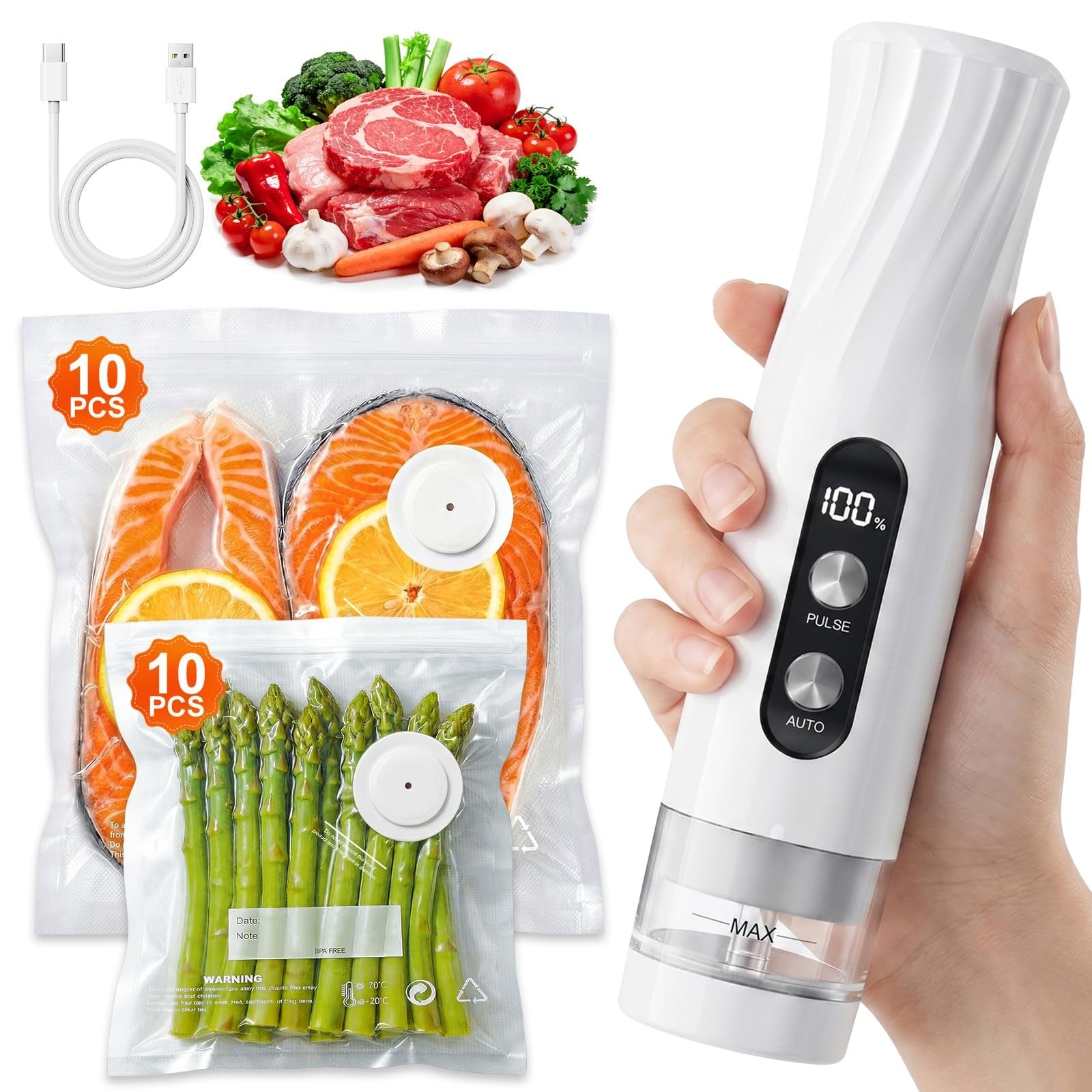 Handheld Vacuum Sealer with 20 Reusable Bags – 60kPa Food Storage Pump