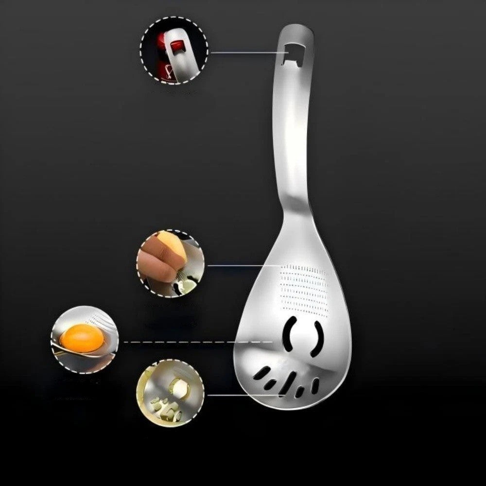5-in-1 Stainless Steel Cooking Spoon – Garlic & Ginger Grater, Masher & Strainer