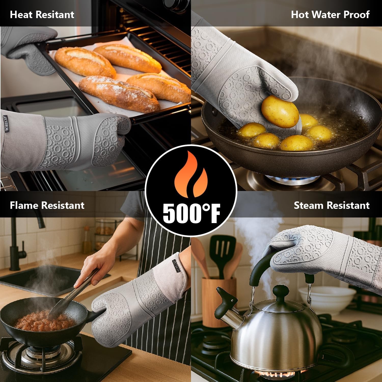 6-Piece Silicone Oven Mitts, Pot Holders & Trivets Set | 500°F Heat Resistant
