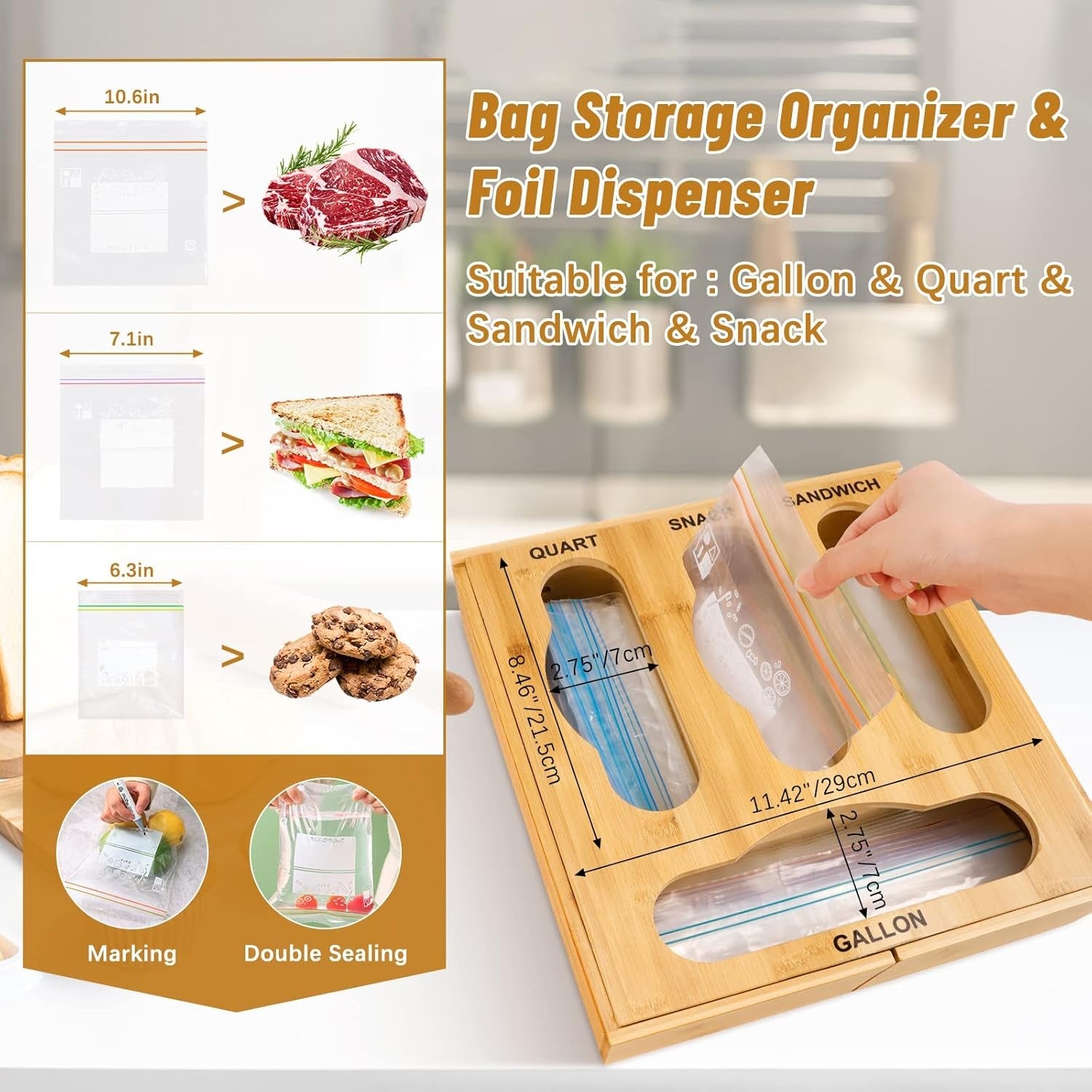 Bamboo Ziplock Bag Organizer with Wrap Dispenser & Cutter – Kitchen Drawer Organizer