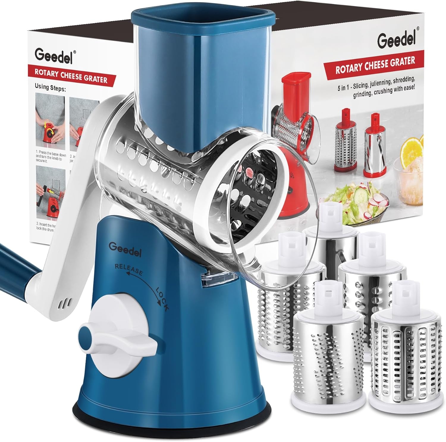 5-In-1 Cheese Grater , Multi-Purpose Vegetable Slicer, Ice Shaver, Nuts Grinder With Handle