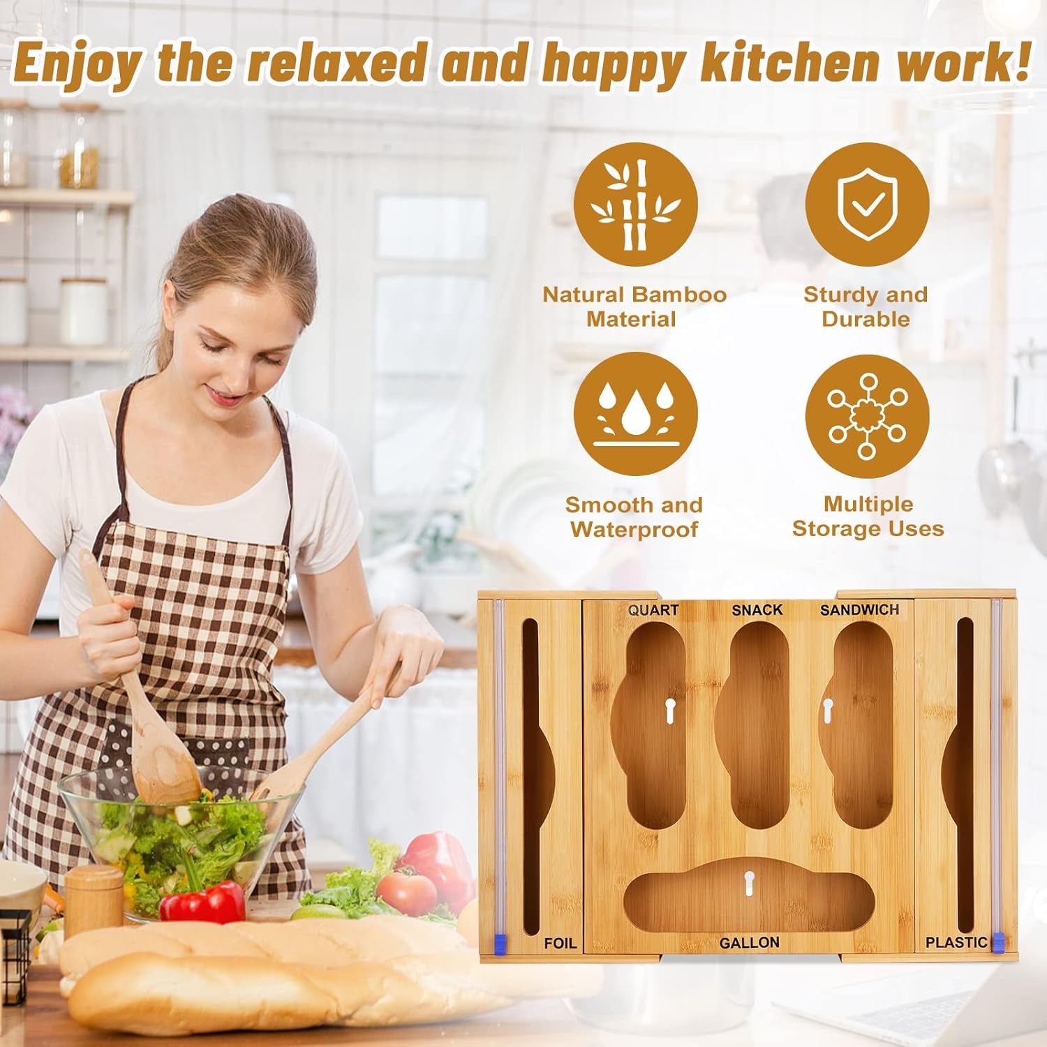 Bamboo Ziplock Bag Organizer with Wrap Dispenser & Cutter – Kitchen Drawer Organizer