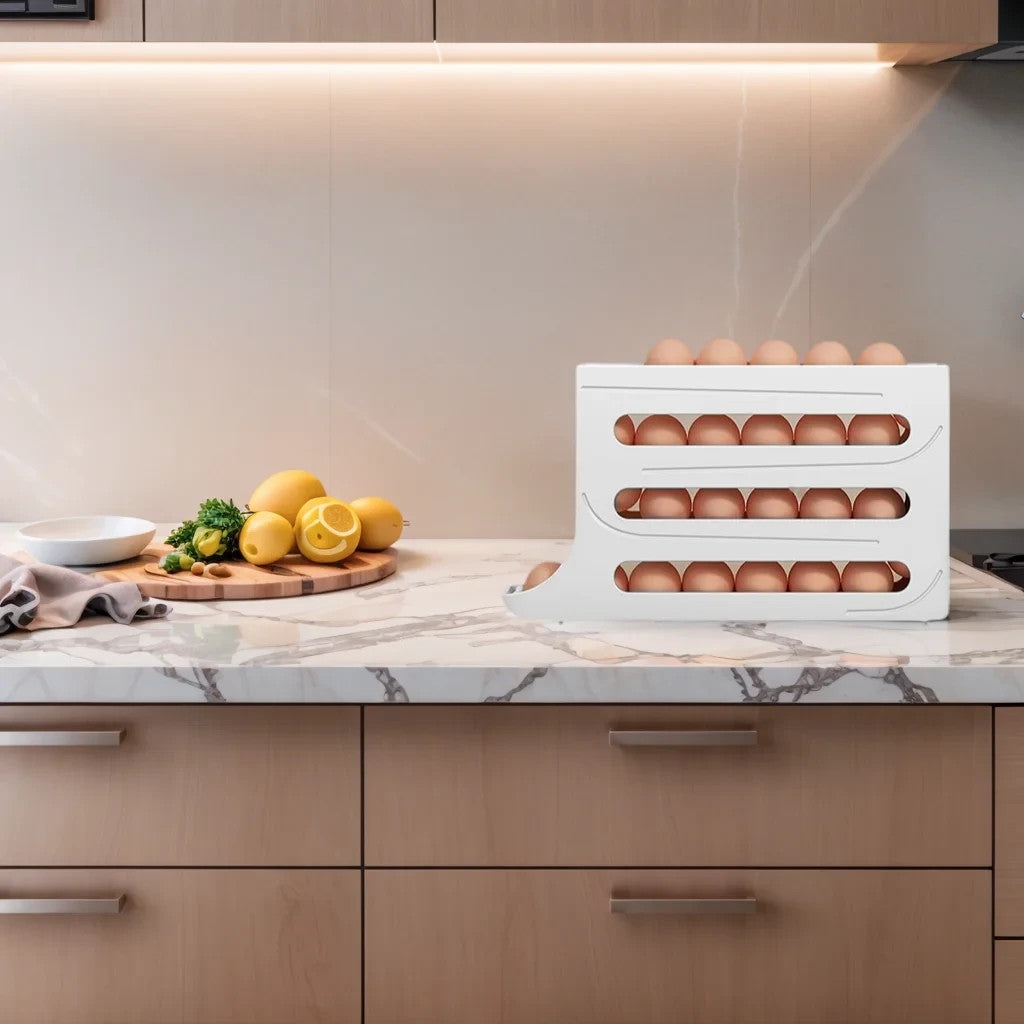 Automatic Rolling Egg Dispenser for Refrigerator – 4 Tier Space Saving Egg Holder Organizer