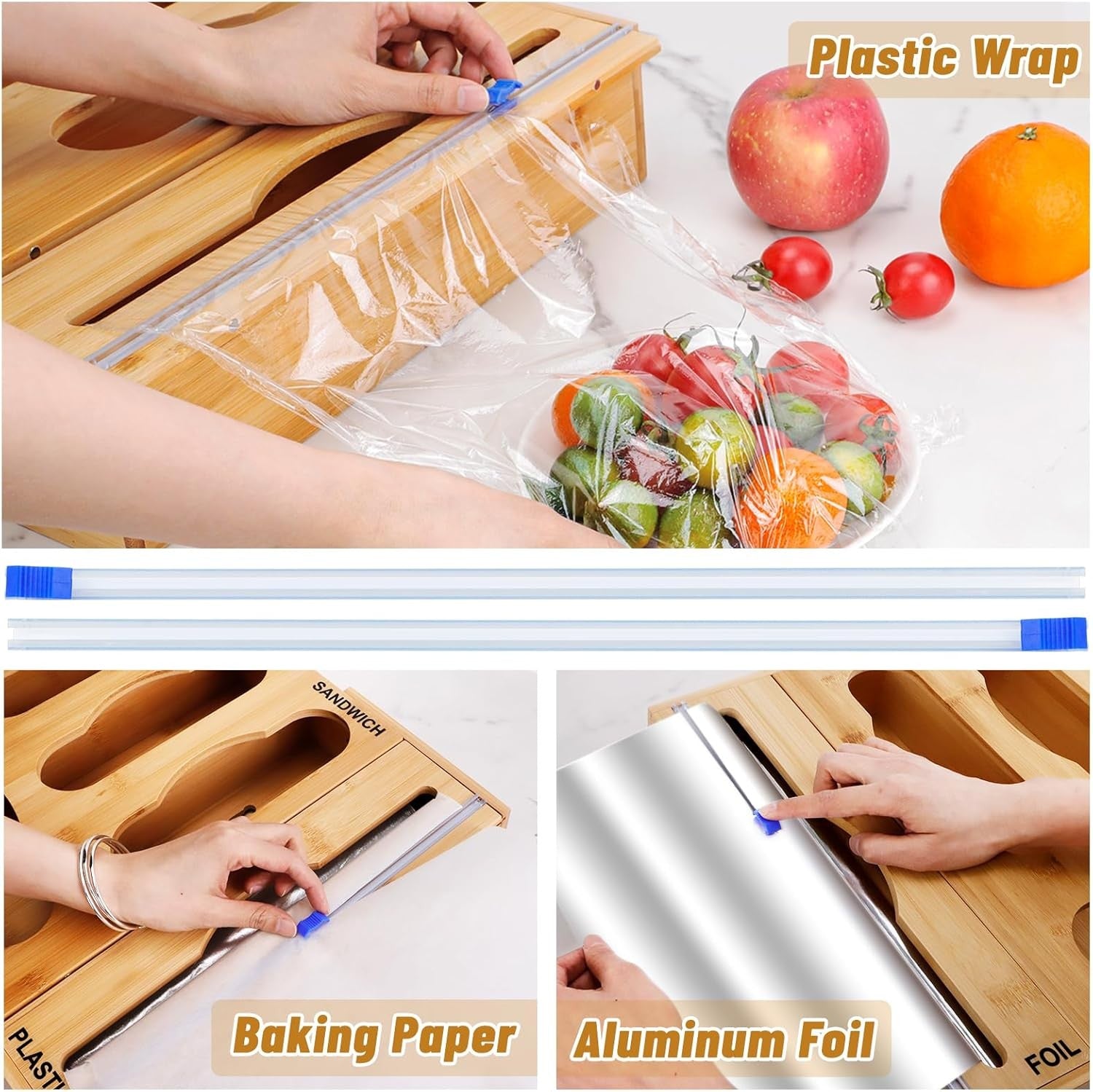 Bamboo Ziplock Bag Organizer with Wrap Dispenser & Cutter – Kitchen Drawer Organizer