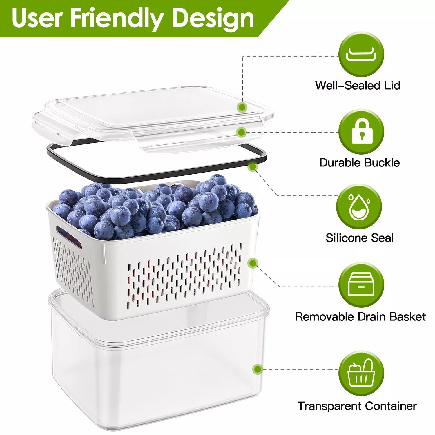 5-Pieces Fruit Vegetable Storage Containers For For Fridge With Lids & Colanders