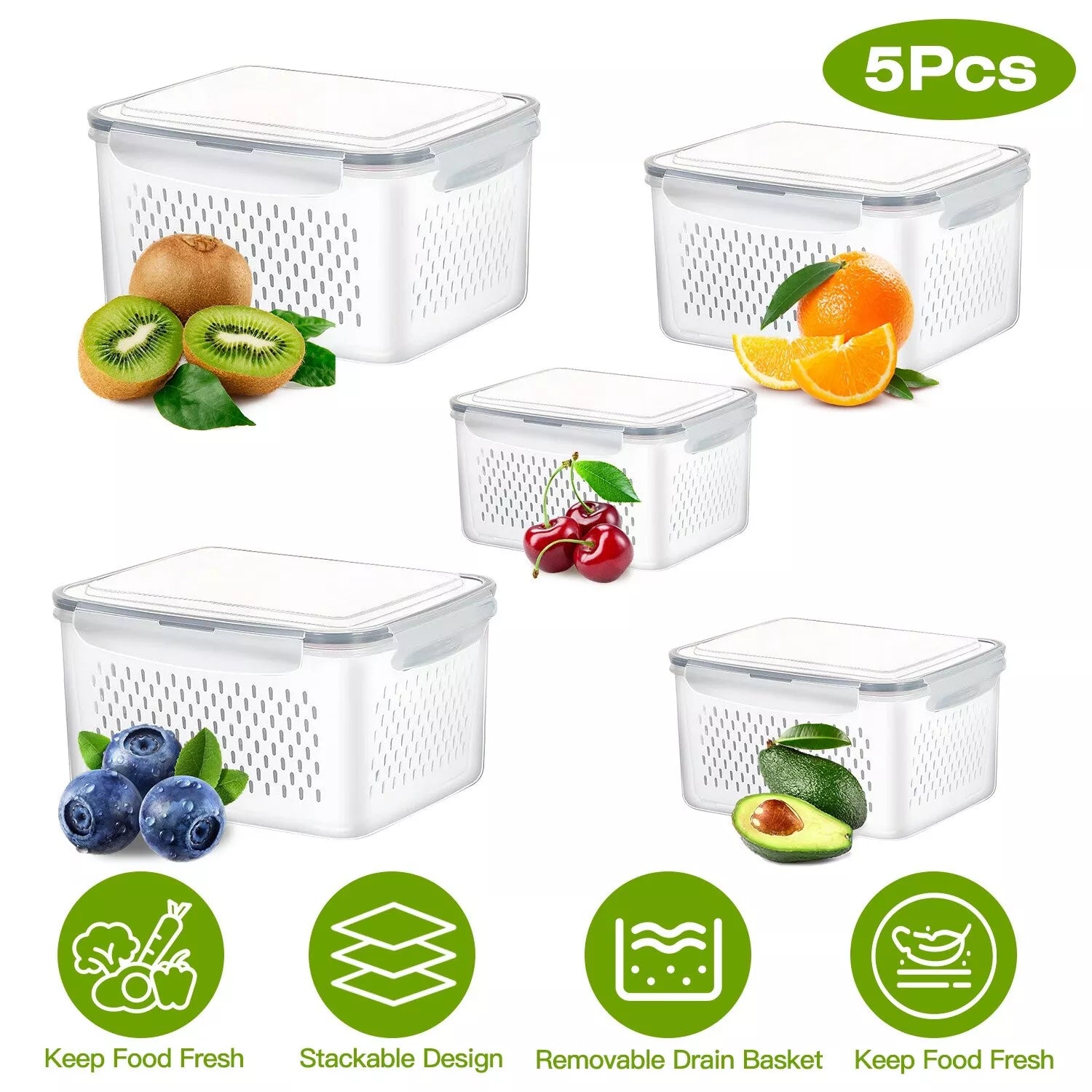 5-Pack Produce Storage Containers for Fridge – Fresh Fruit & Vegetable Keeper Set with Lids
