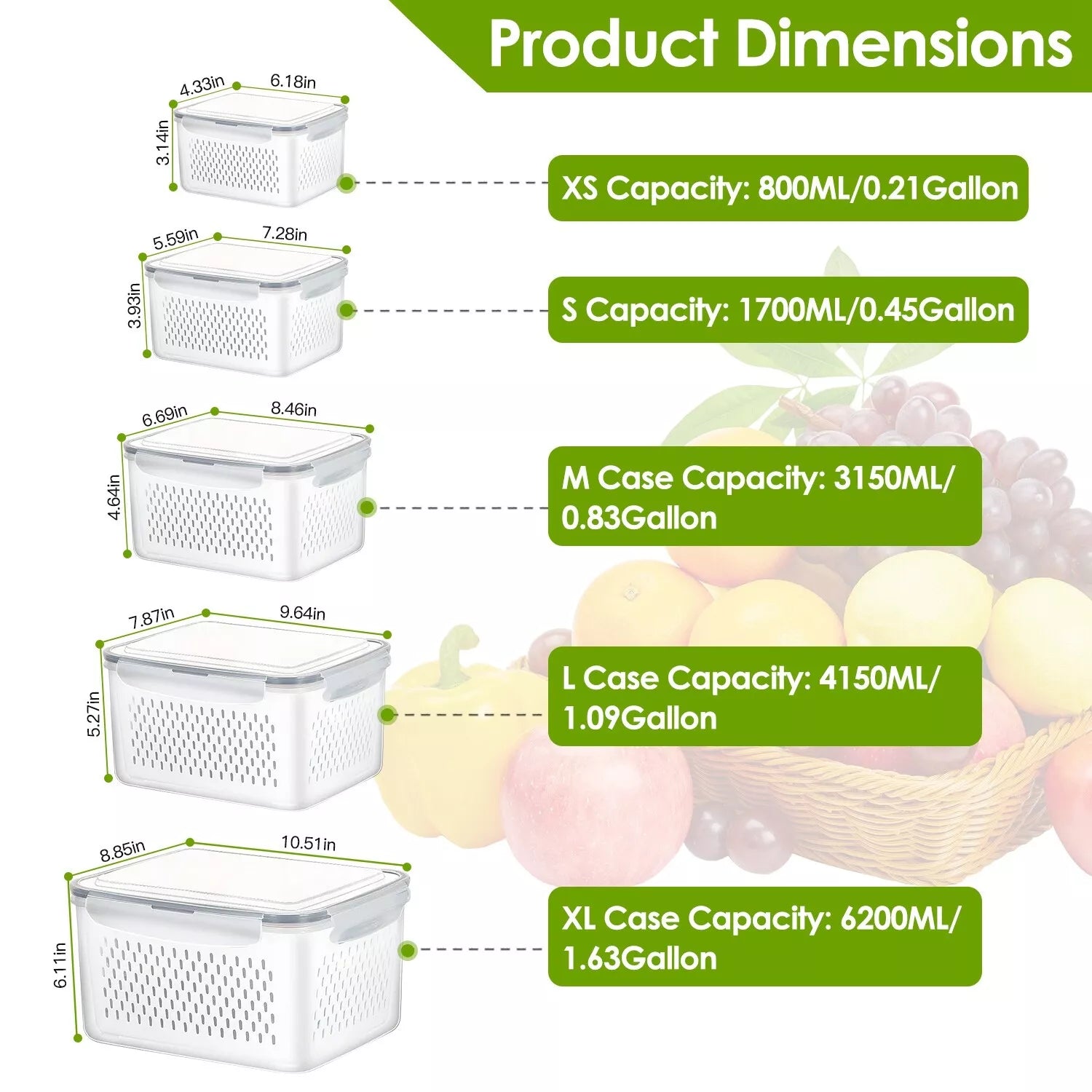 5-Pieces Fruit Vegetable Storage Containers For For Fridge With Lids & Colanders
