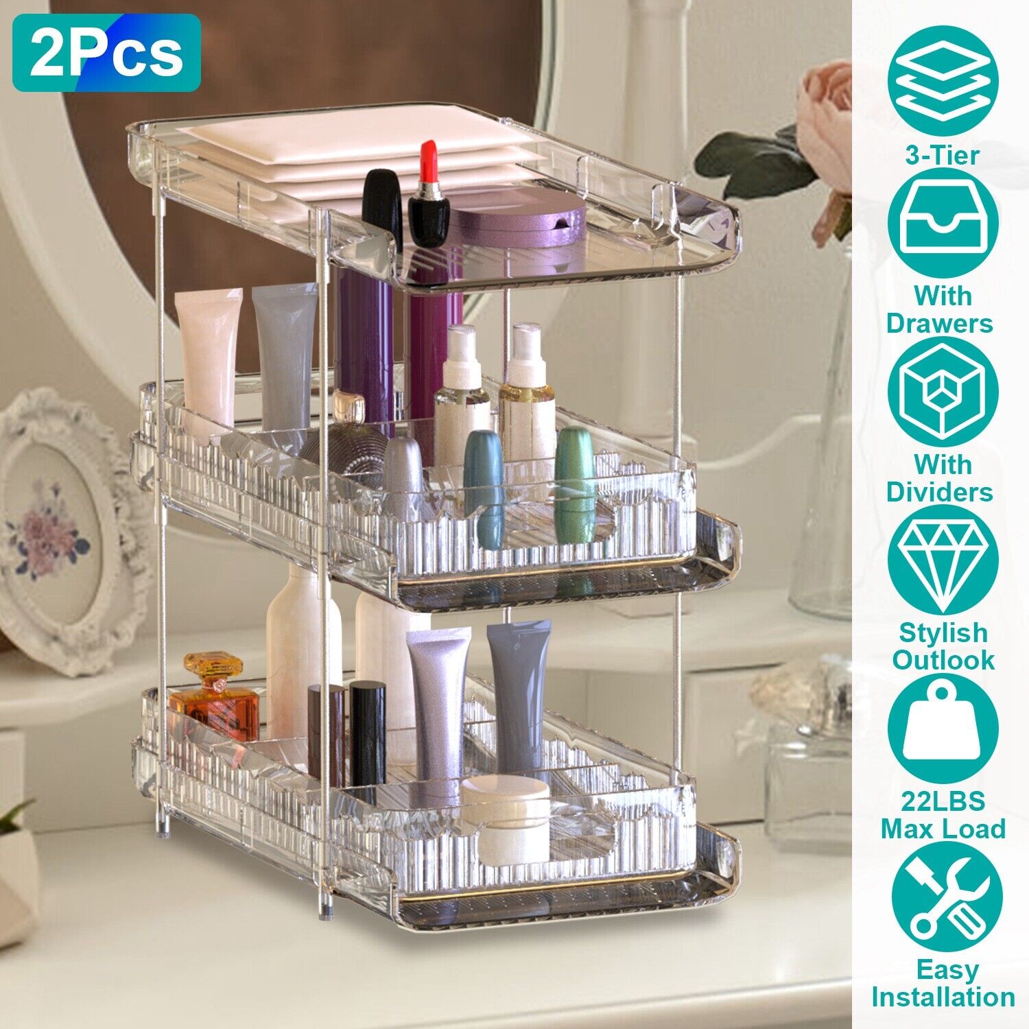 2 Sets-  3-Tier Clear Kitchen Organizer with Dividers