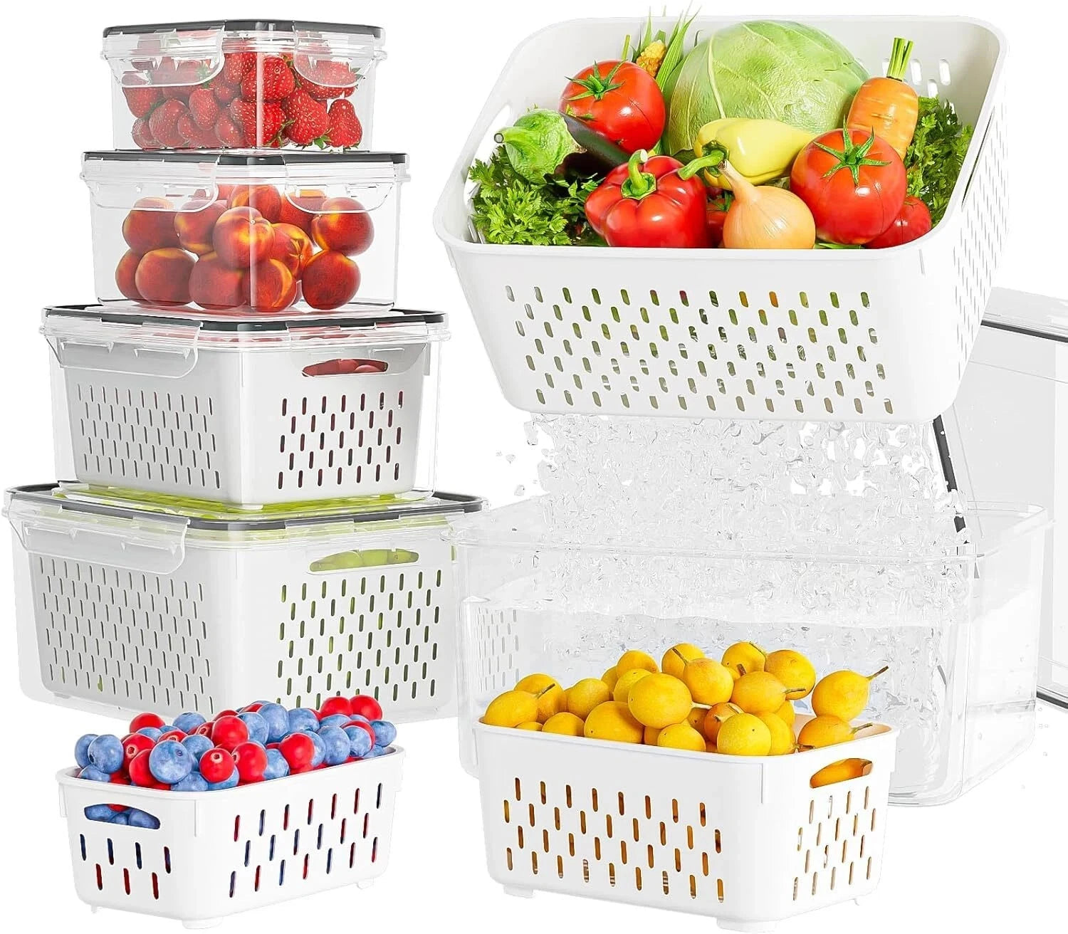 Five clear produce storage containers with removable colanders and lids