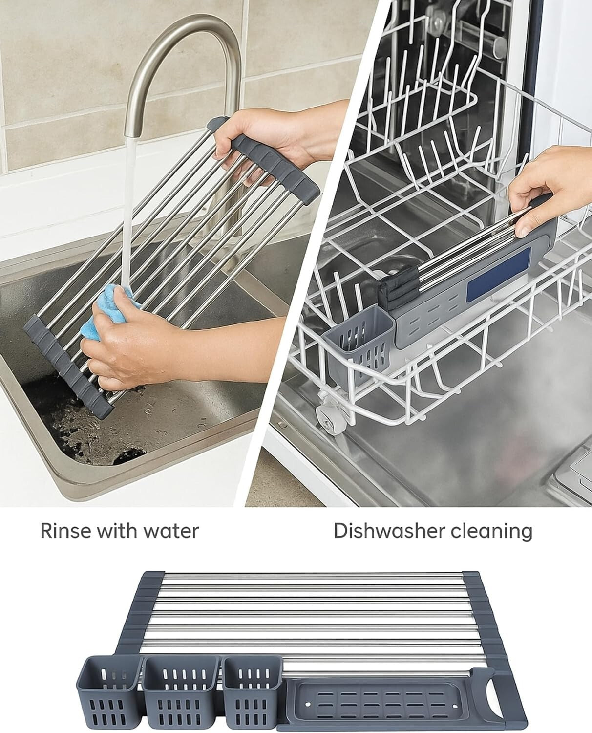 Stainless Steel Expandable Roll-Up Dish Drying Rack (Up to 22.8") with Expandable Storage