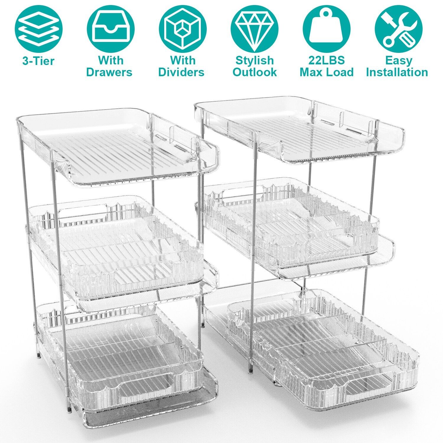 2 Sets-  3-Tier Clear Kitchen Organizer with Dividers