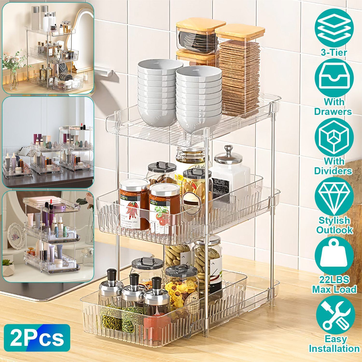 2 Sets-  3-Tier Clear Kitchen Organizer with Dividers