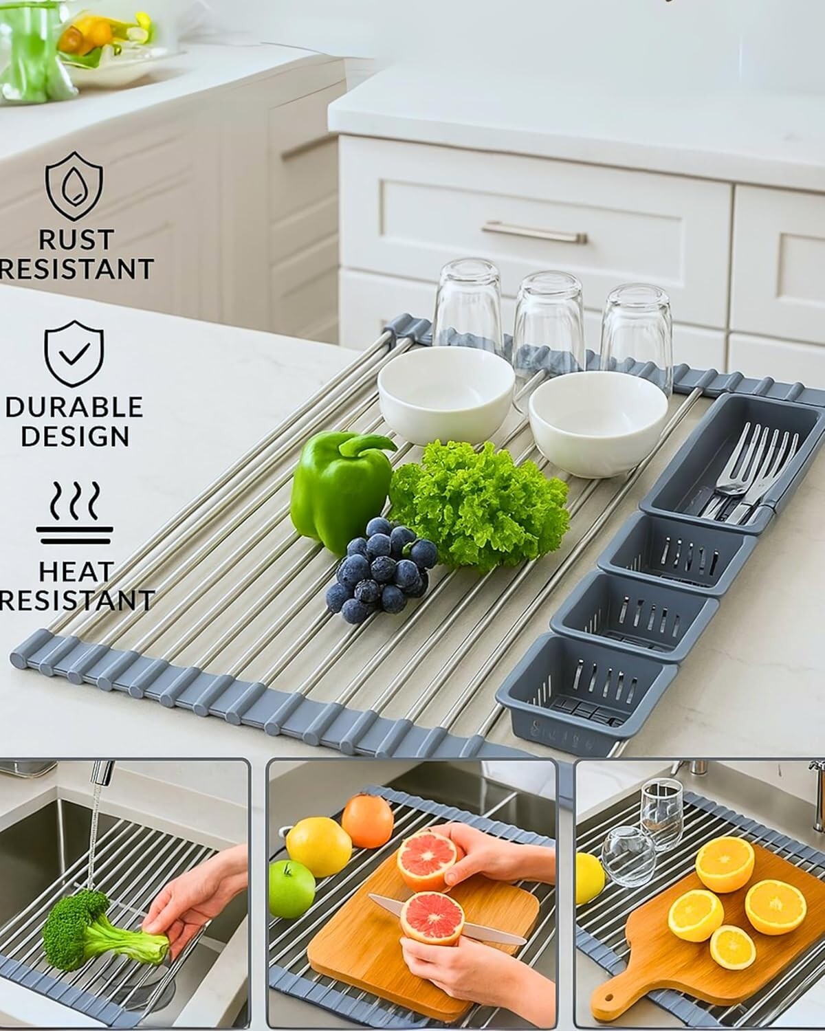 Stainless Steel Expandable Roll-Up Dish Drying Rack (Up to 22.8") with Expandable Storage