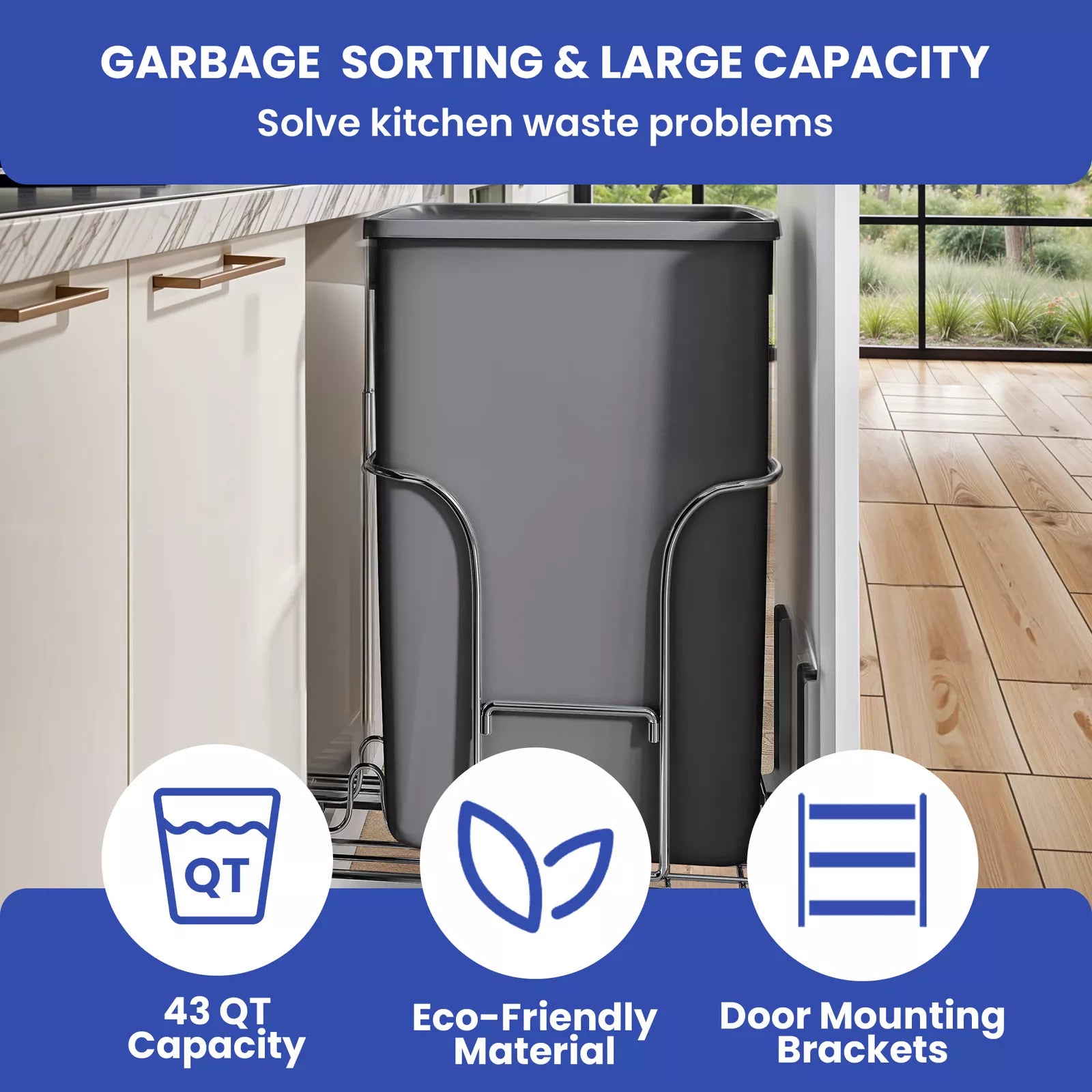 43 QT Pull Out Trash Can Under Kitchen Cabinet With Single Recycle Bin Garbage Basket