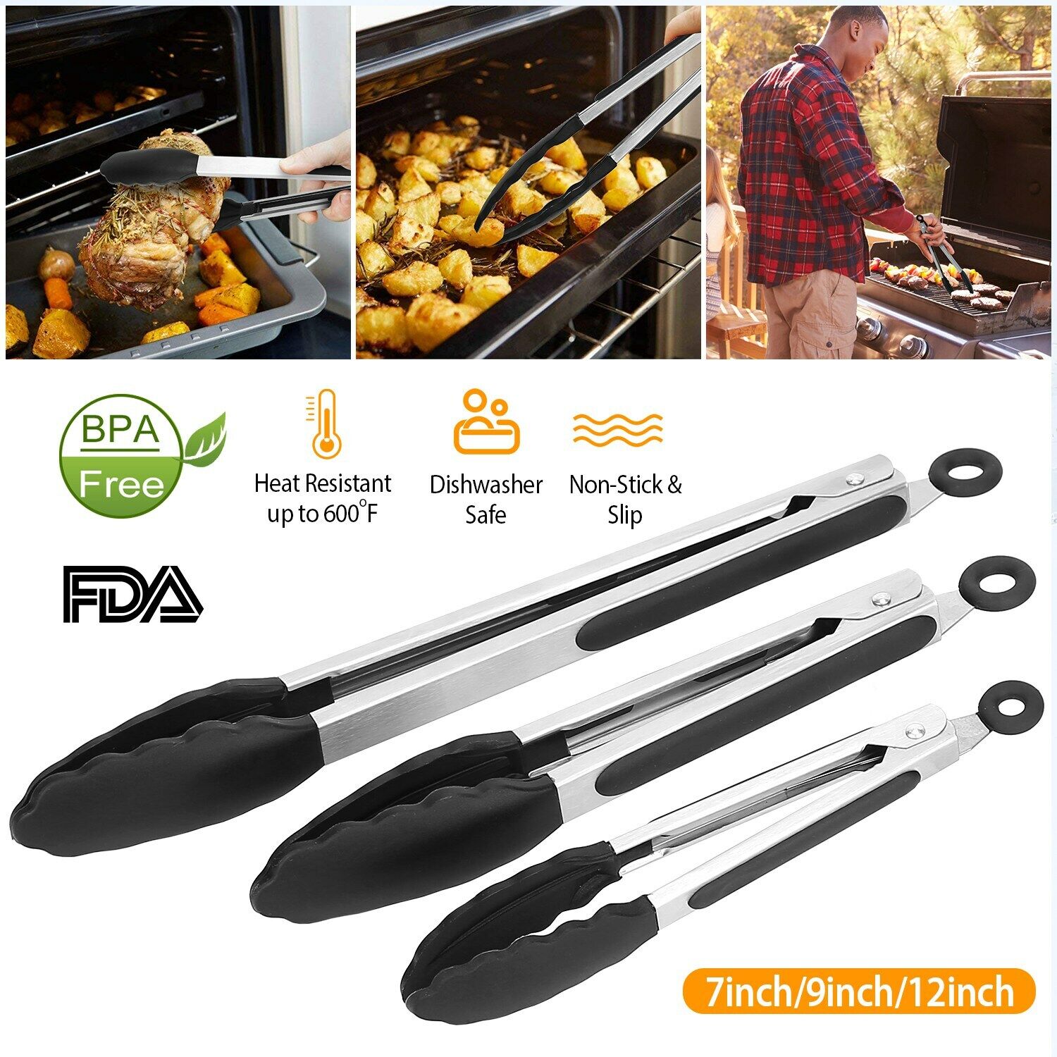 3-Pack Stainless Steel Kitchen Tongs Set – Heat Resistant BBQ & Cooking Tongs