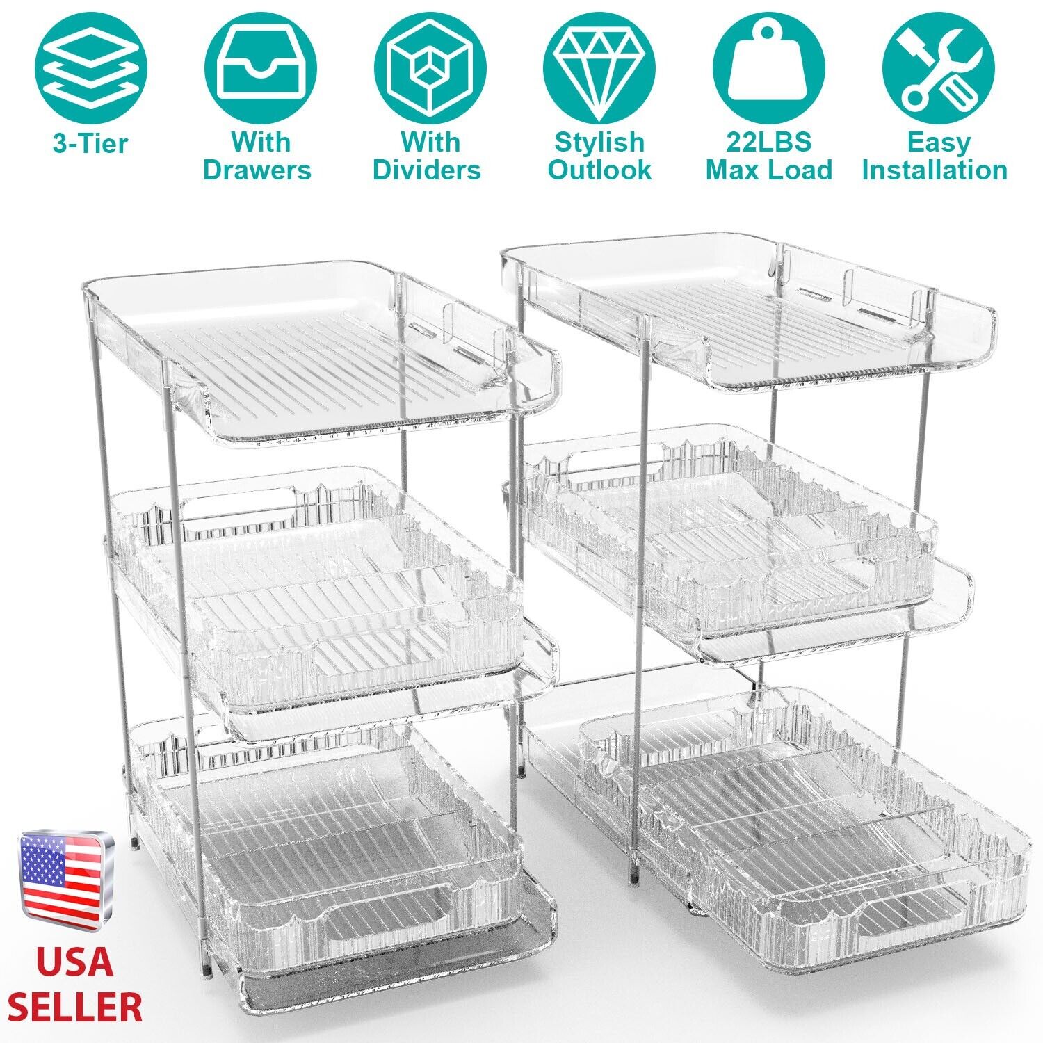 2 Sets-  3-Tier Clear Kitchen Organizer with Dividers
