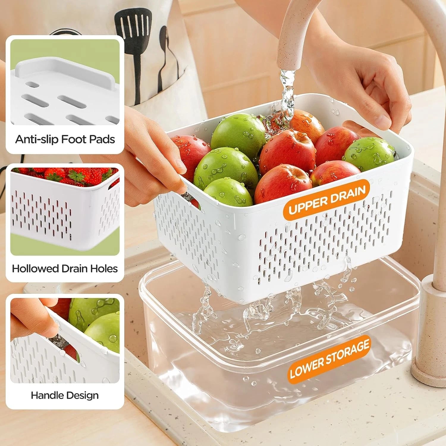 Produce container features including drain holes, handles, and anti-slip feet