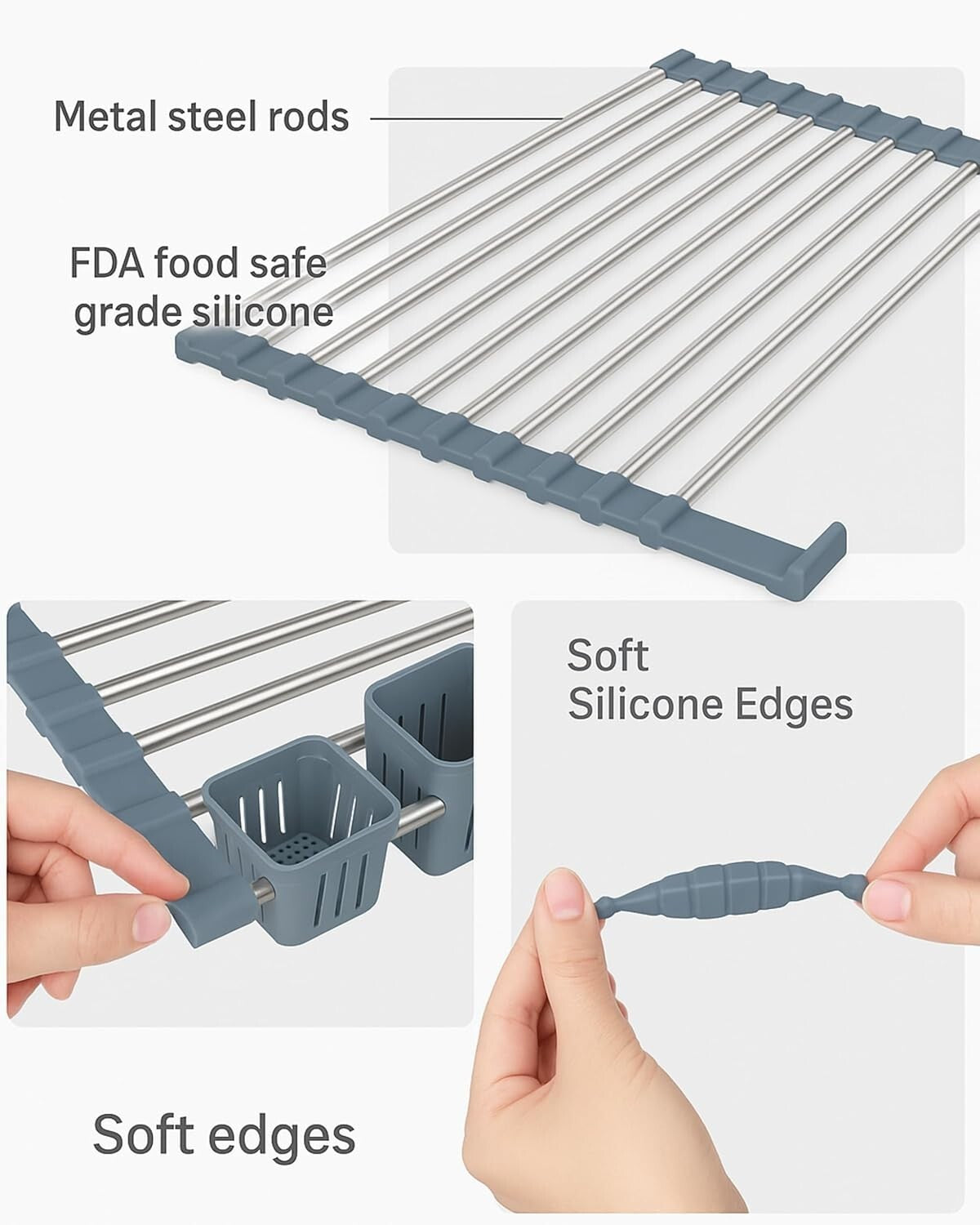 Stainless Steel Expandable Roll-Up Dish Drying Rack (Up to 22.8") with Expandable Storage