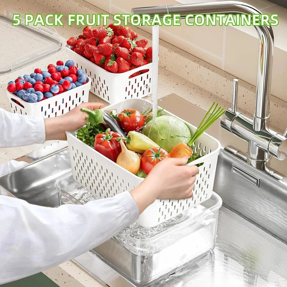Removable produce colander being rinsed in a kitchen sink