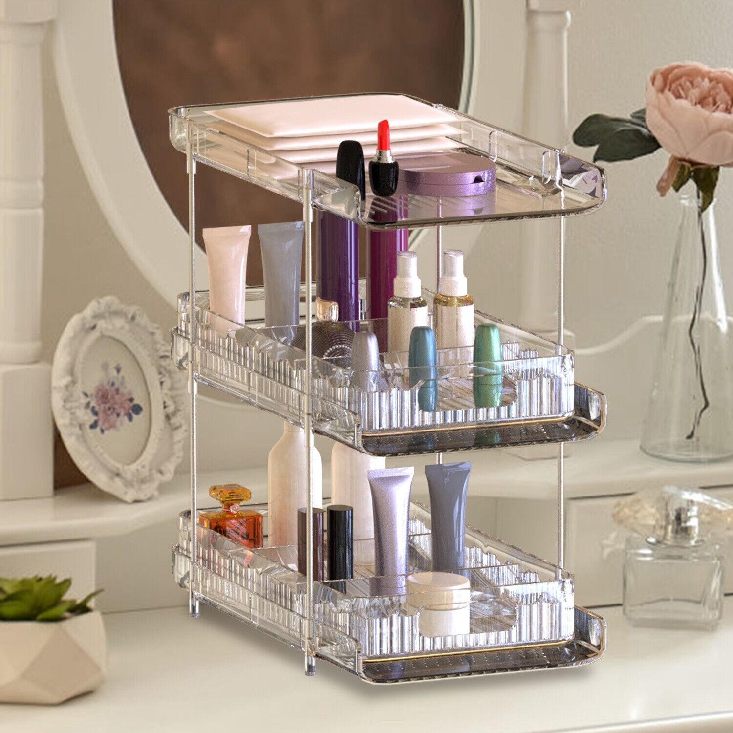 2 Sets-  3-Tier Clear Kitchen Organizer with Dividers