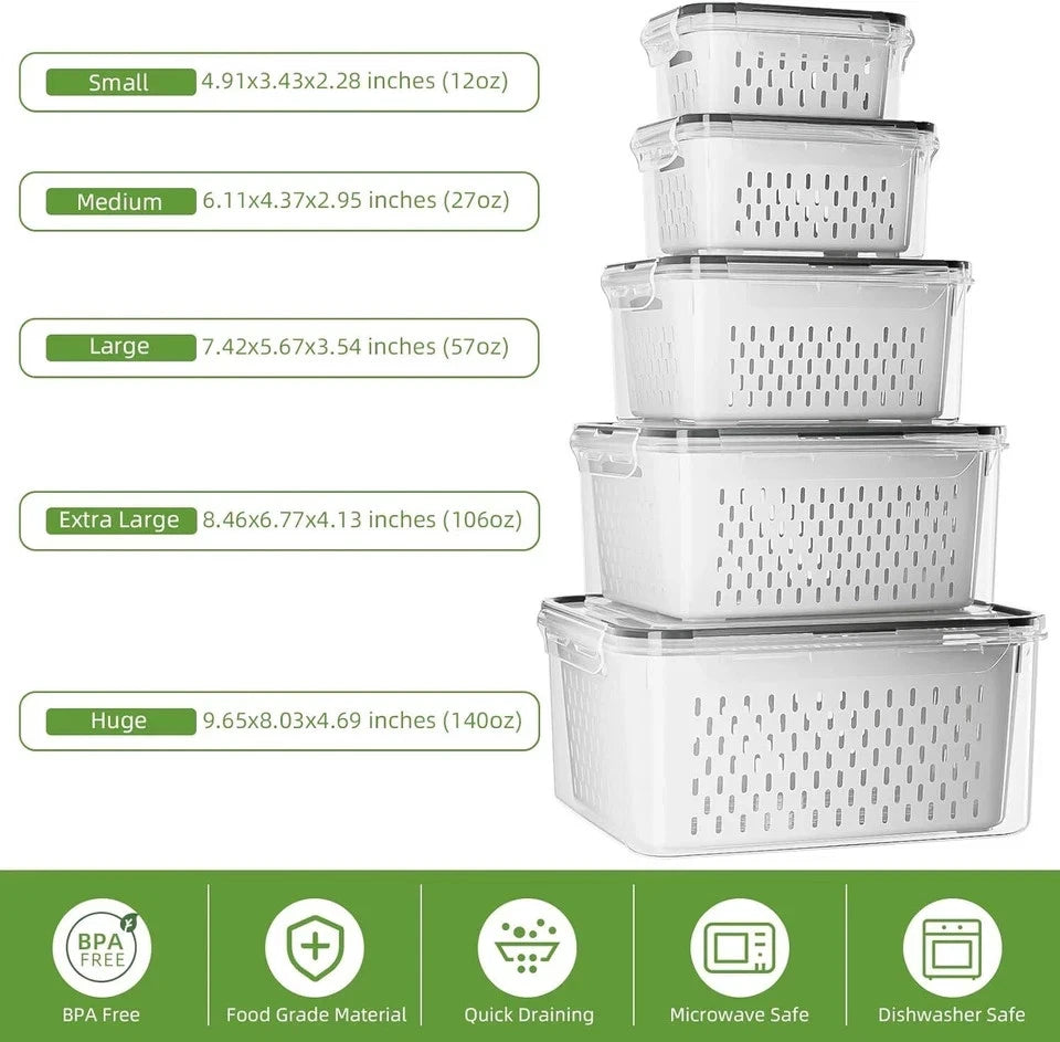 Five produce storage container sizes from 12 oz to 140 oz