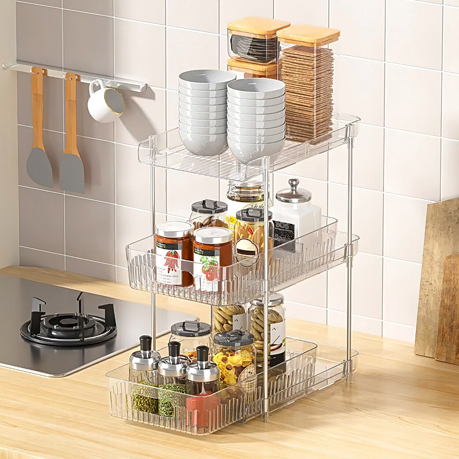 2 Sets-  3-Tier Clear Kitchen Organizer with Dividers