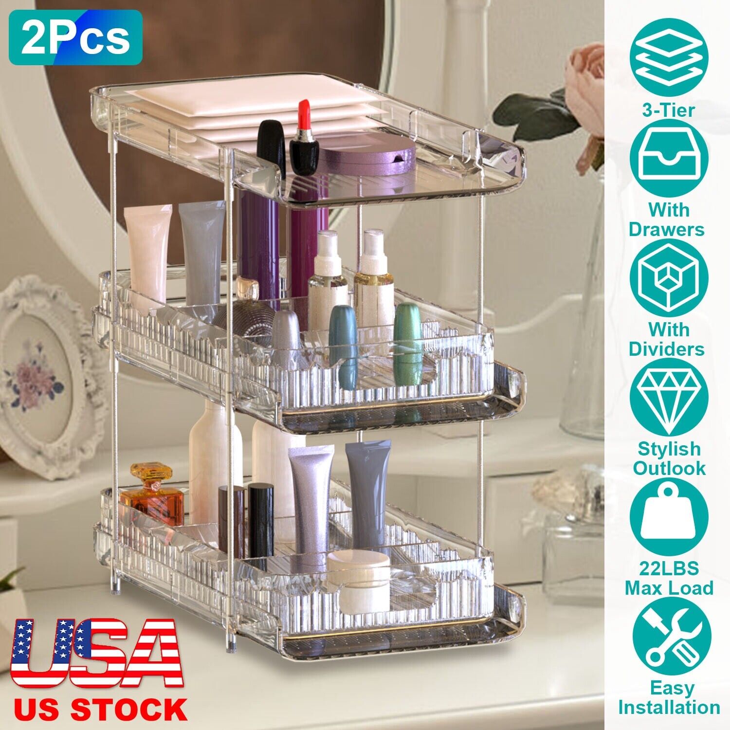 2 Sets-  3-Tier Clear Kitchen Organizer with Dividers