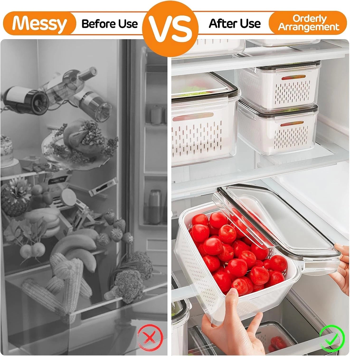 Organized refrigerator before and after using produce storage containers