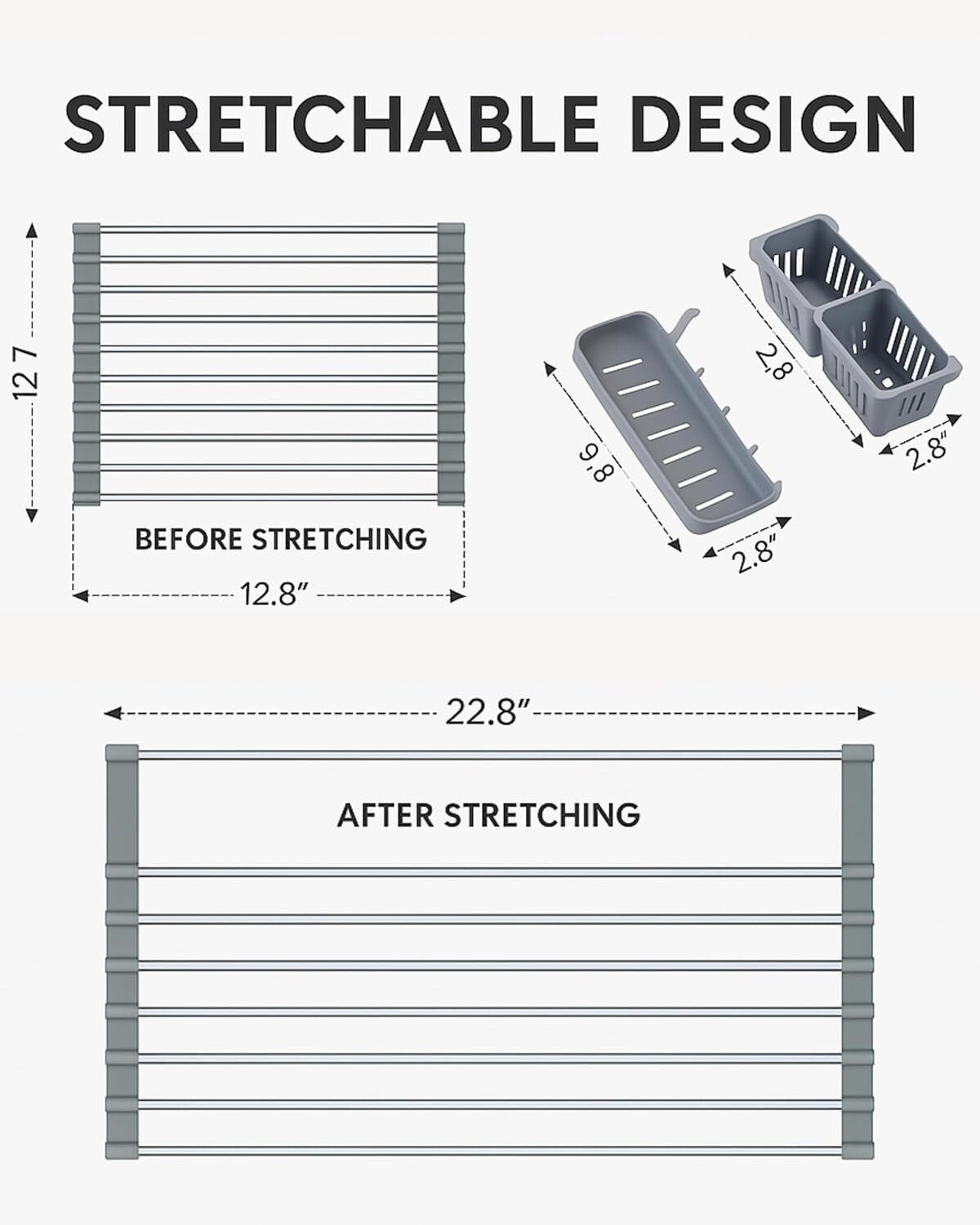 Stainless Steel Expandable Roll-Up Dish Drying Rack (Up to 22.8") with Expandable Storage