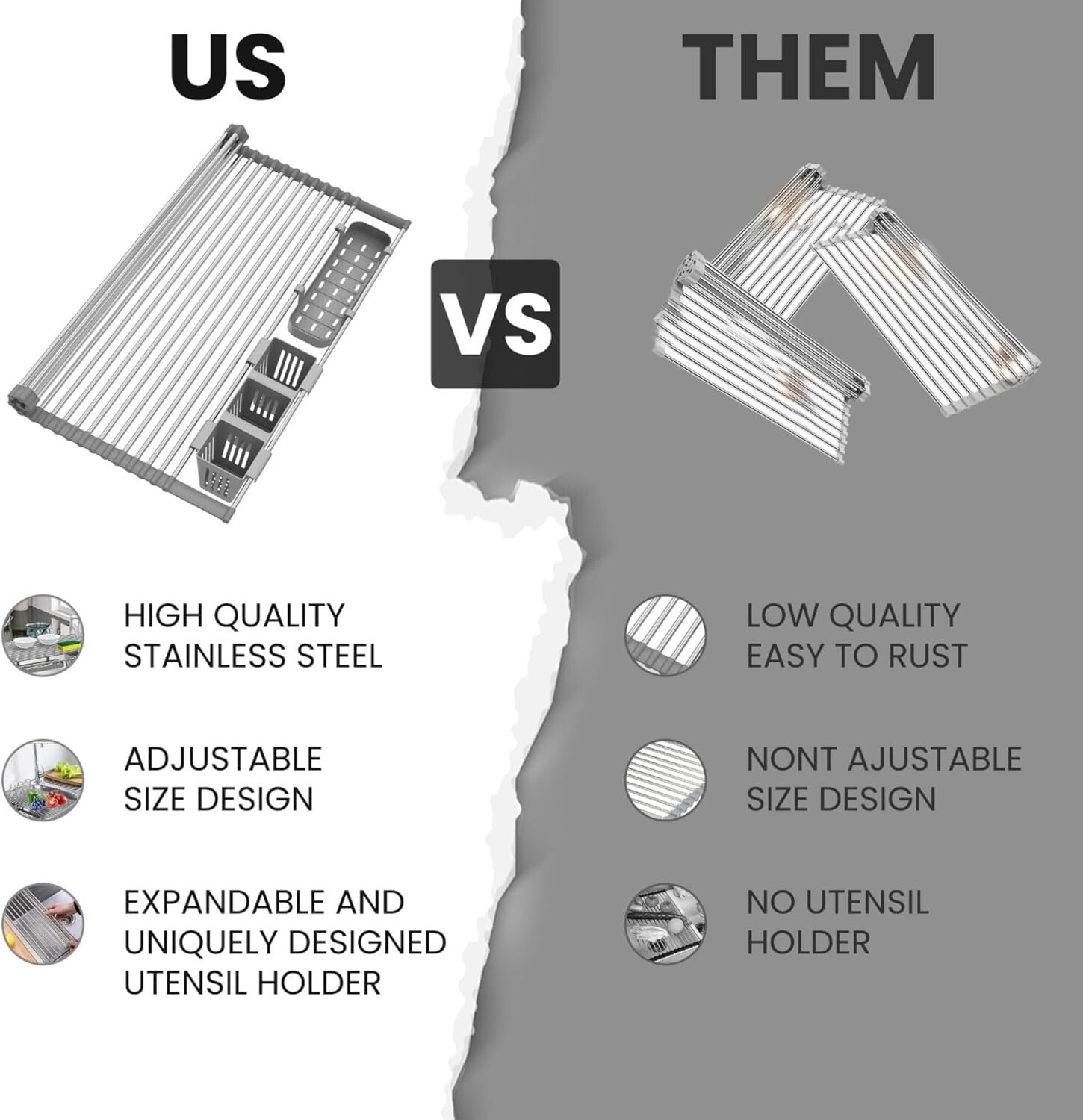 Stainless Steel Expandable Roll-Up Dish Drying Rack (Up to 22.8") with Expandable Storage