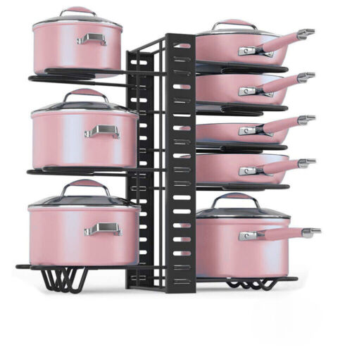 Adjustable 8-Tier Pots & Pans Organizer Rack – Kitchen Cabinet Storage Holder