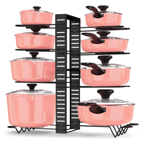Adjustable 8-Tier Pots & Pans Organizer Rack – Kitchen Cabinet Storage Holder