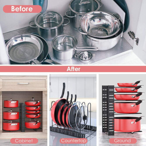 Adjustable 8-Tier Pots & Pans Organizer Rack – Kitchen Cabinet Storage Holder