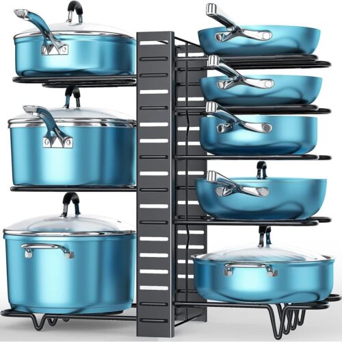 Adjustable 8-Tier Pots & Pans Organizer Rack – Kitchen Cabinet Storage Holder