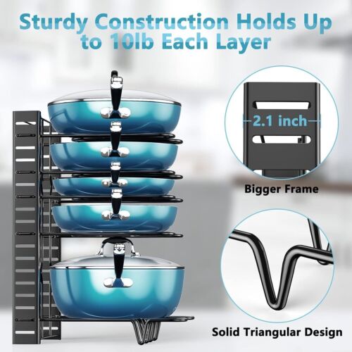 Adjustable 8-Tier Pots & Pans Organizer Rack – Kitchen Cabinet Storage Holder