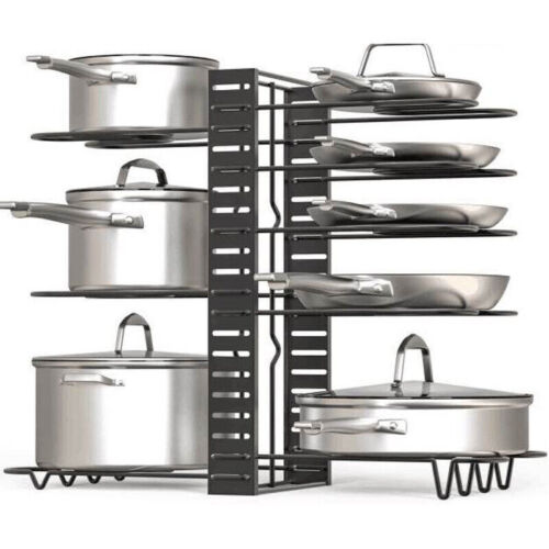 Adjustable 8-Tier Pots & Pans Organizer Rack – Kitchen Cabinet Storage Holder